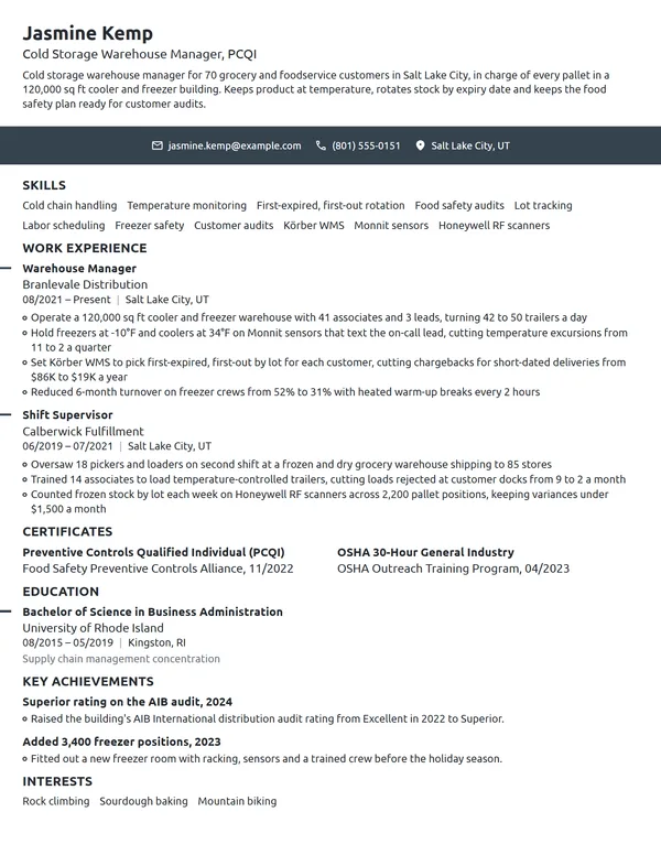 Cold Storage Warehouse Manager resume example