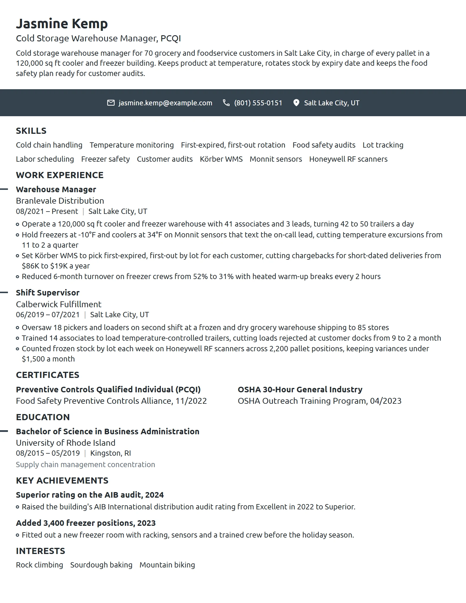 Cold Storage Warehouse Manager resume example