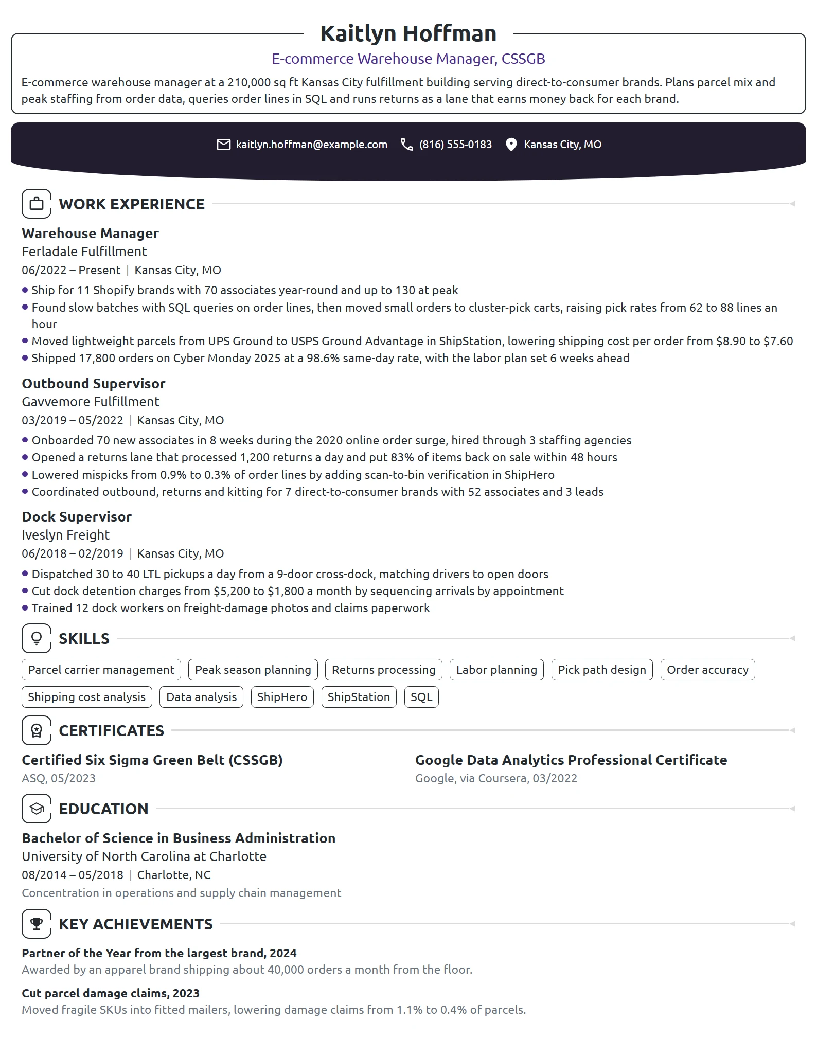 E-commerce Warehouse Manager resume example