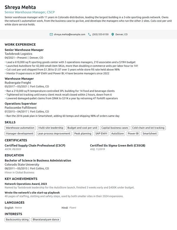 Senior Warehouse Manager resume example