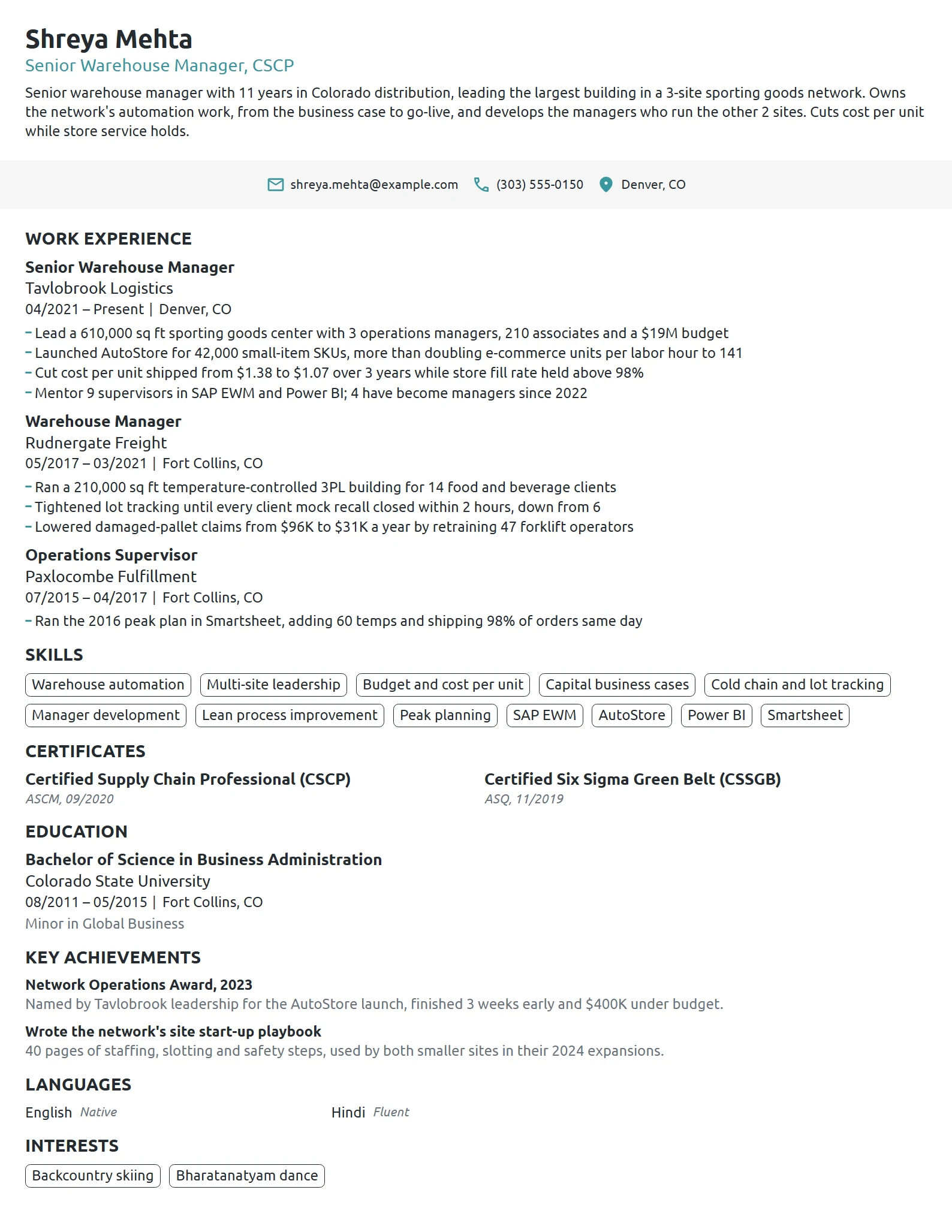 Senior Warehouse Manager resume example
