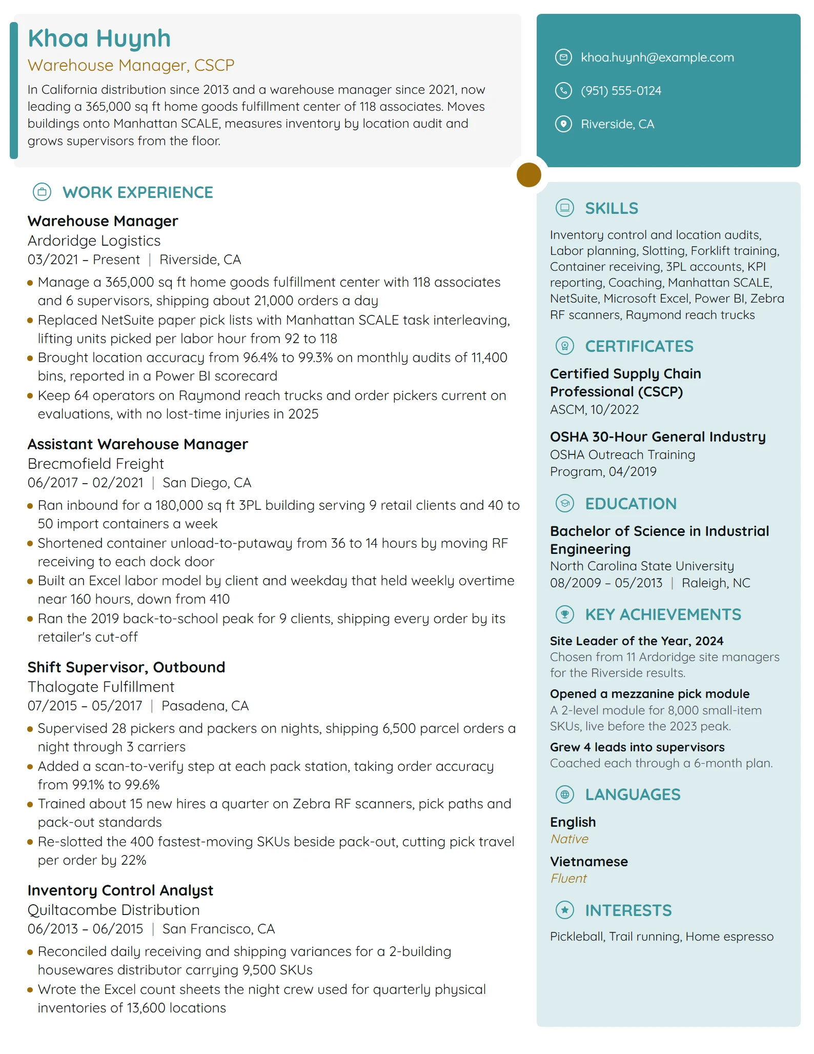 Warehouse Manager resume example
