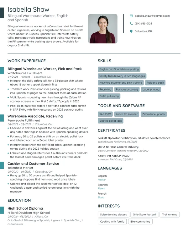 Bilingual Warehouse Worker resume example