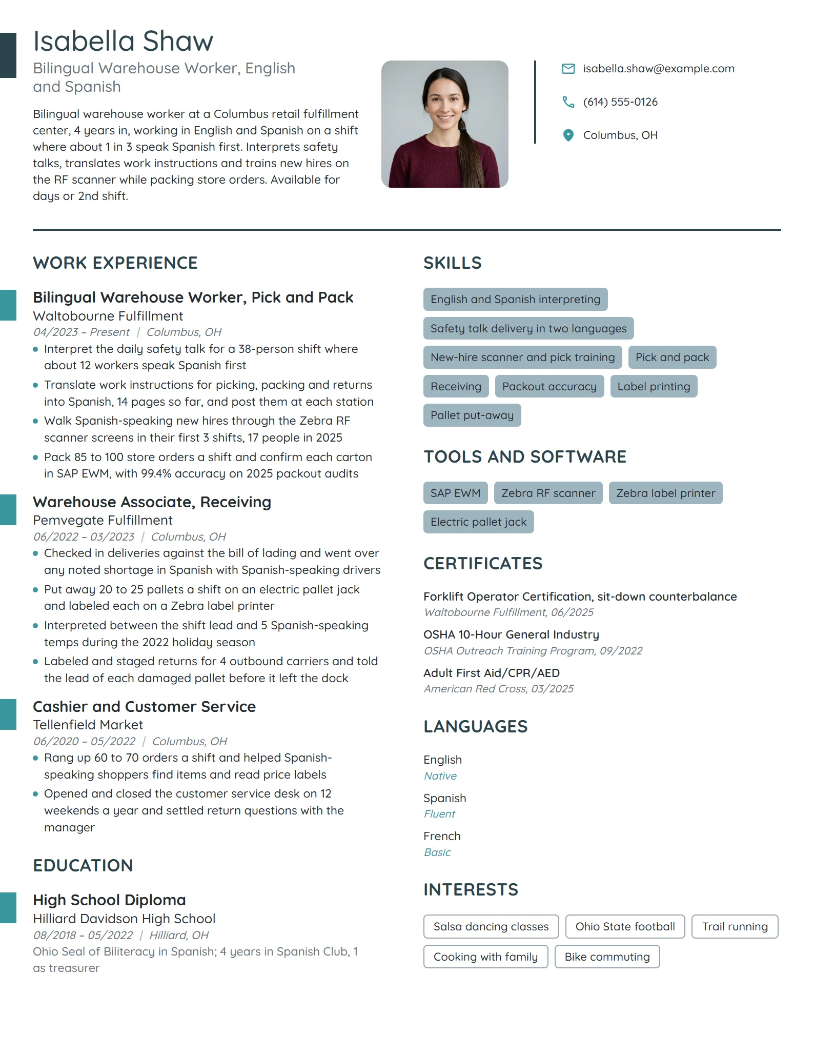 Bilingual Warehouse Worker resume example