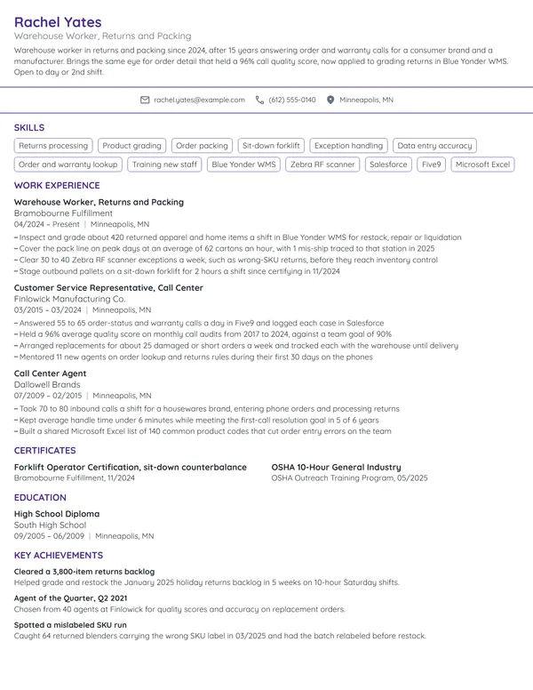 Career Change Warehouse Worker resume example
