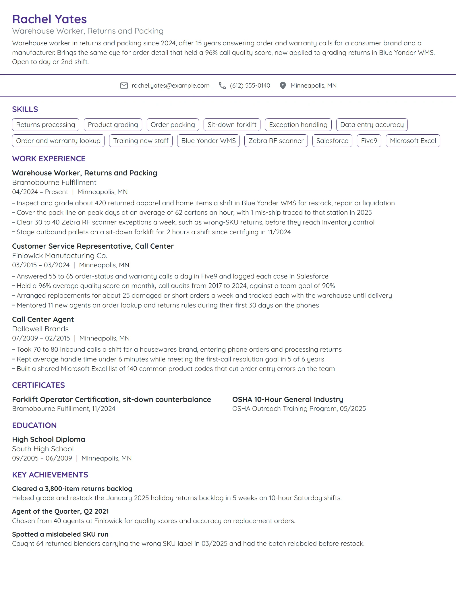Career Change Warehouse Worker resume example