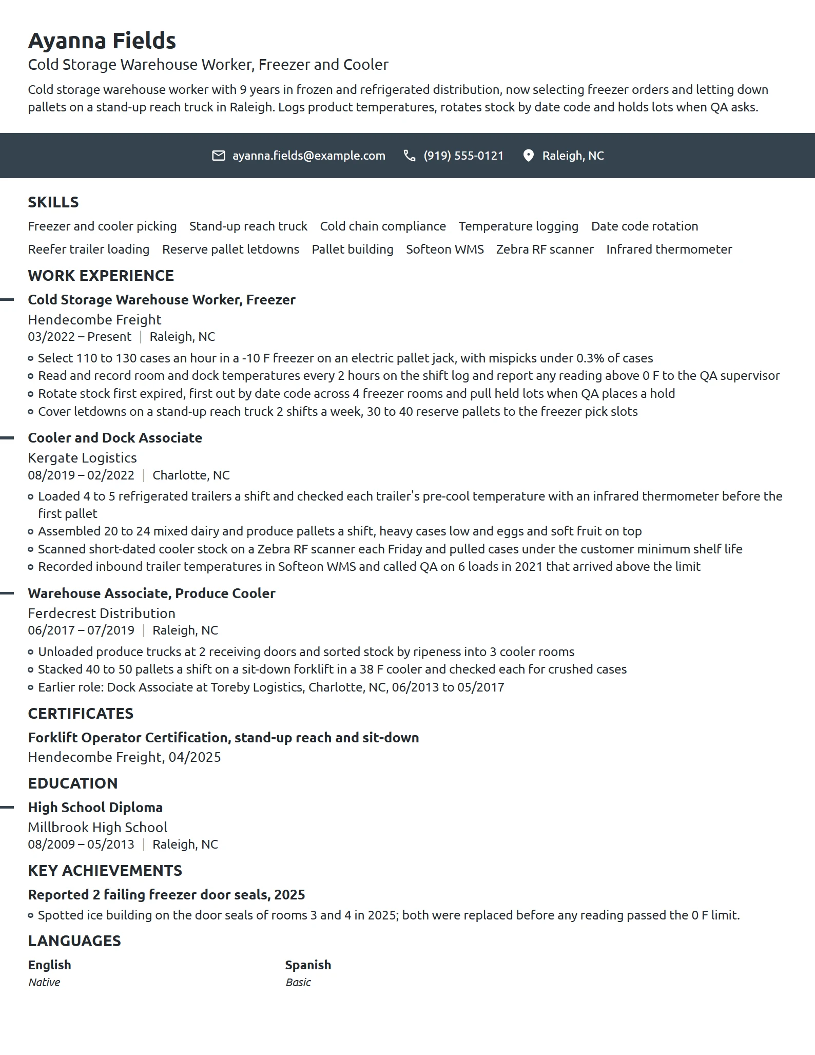 Cold Storage Warehouse Worker resume example