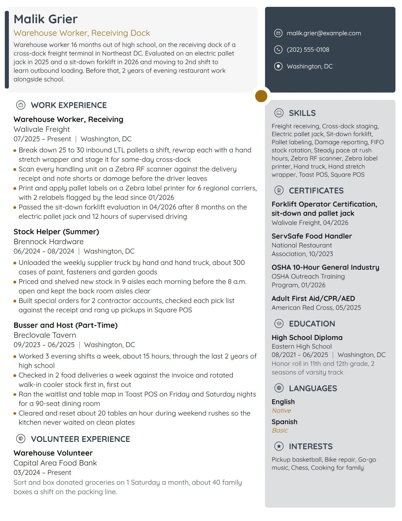 Entry-Level Warehouse Worker resume example