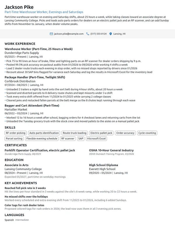 Part-Time Warehouse Worker resume example