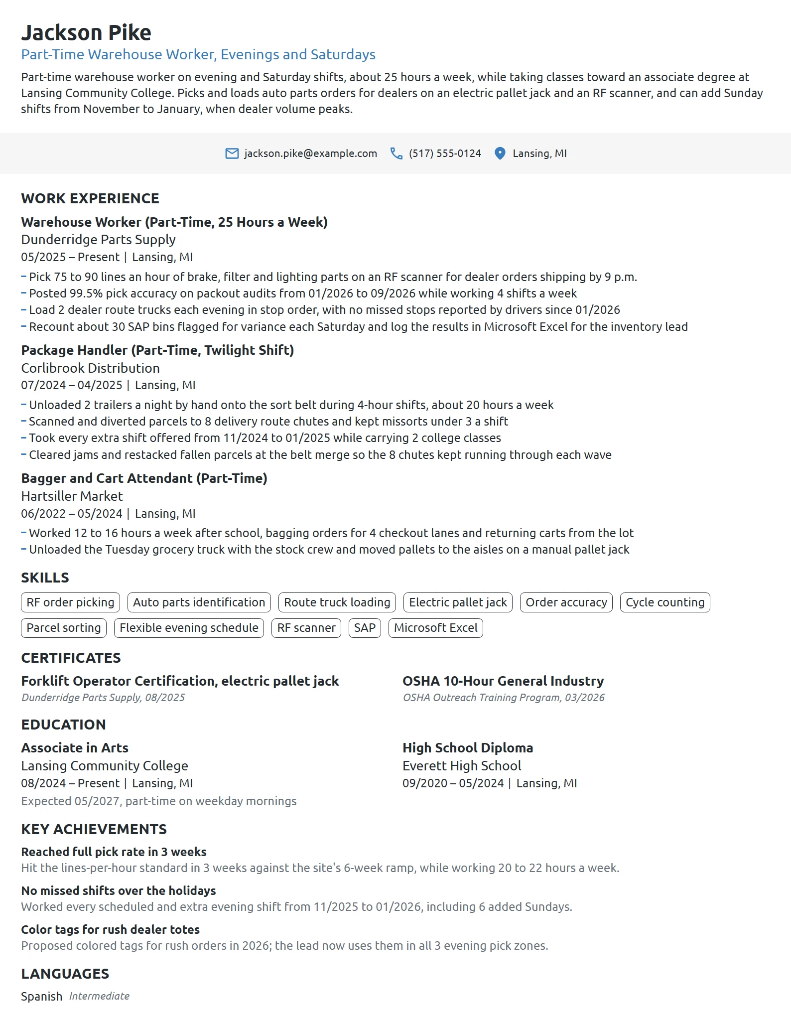 Part-Time Warehouse Worker resume example