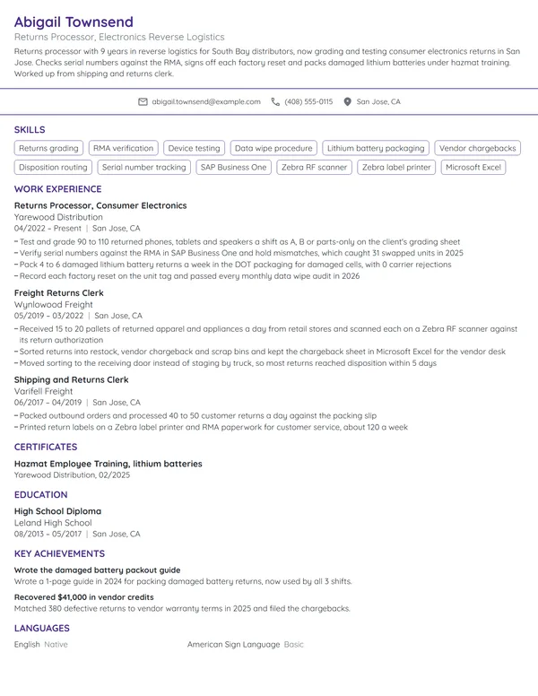 Returns Processor resume example