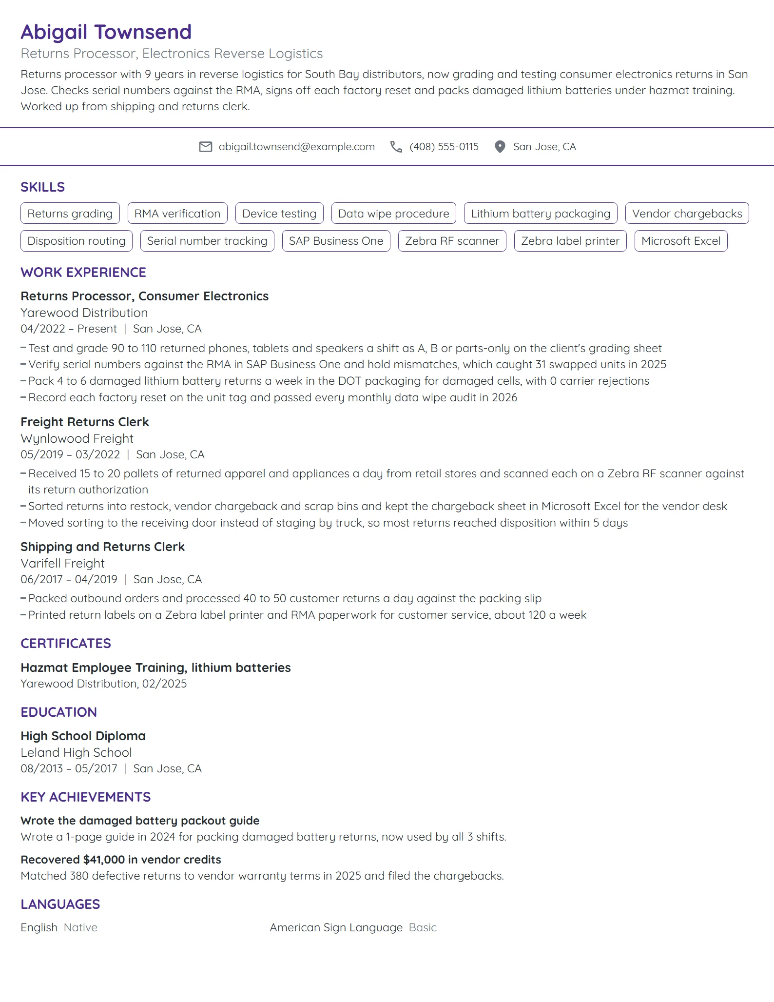 Returns Processor resume example