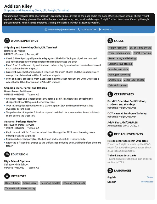 Shipping and Receiving Clerk resume example