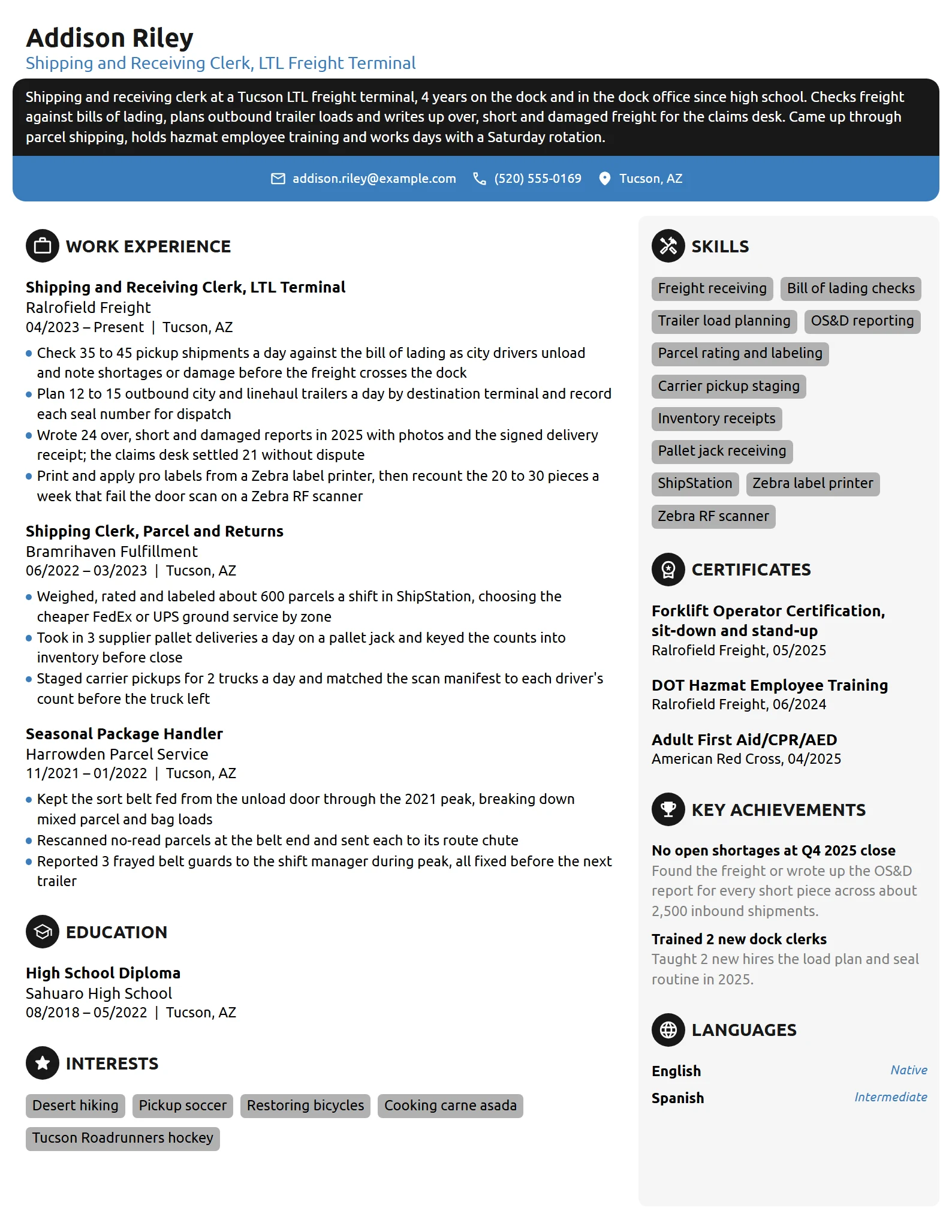Shipping and Receiving Clerk resume example