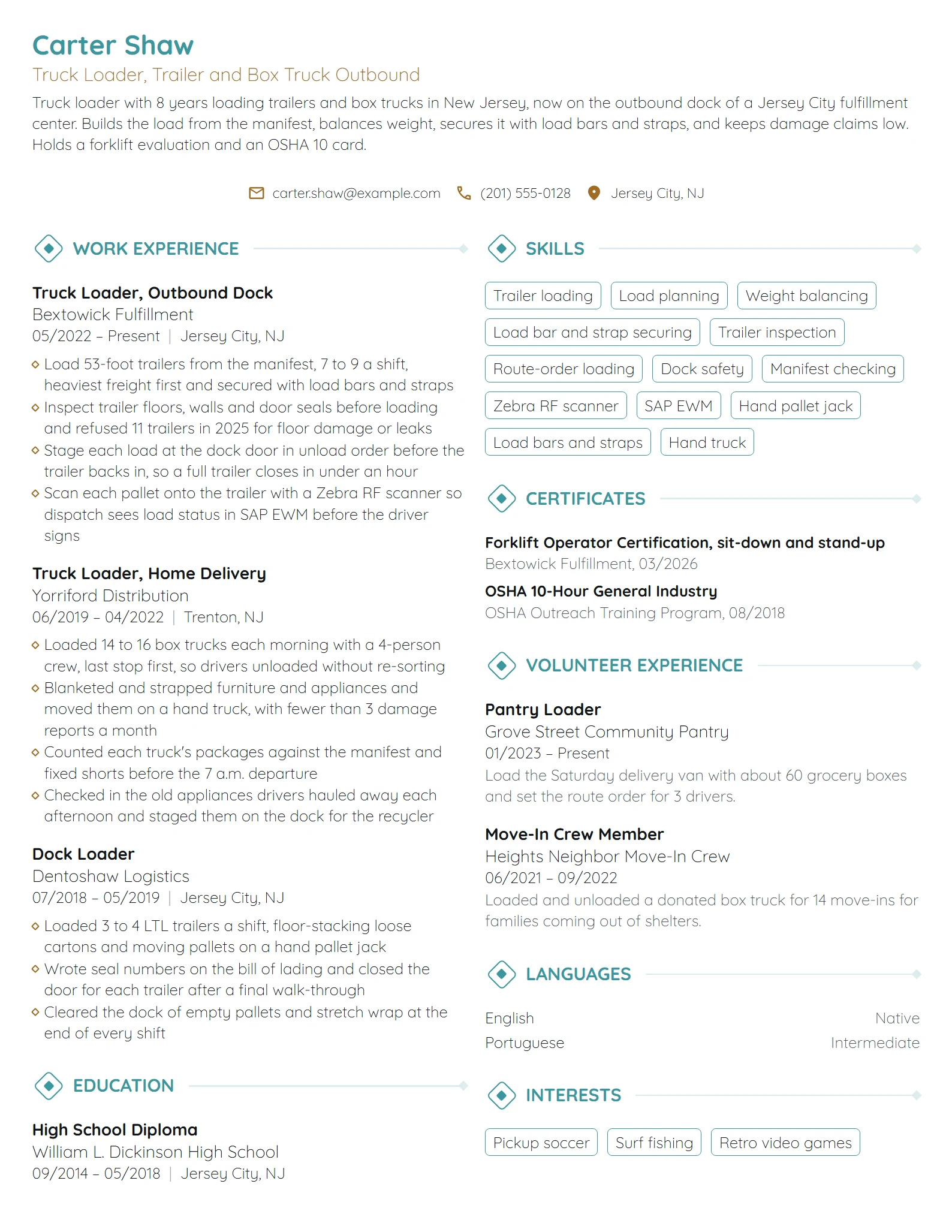 Truck Loader resume example