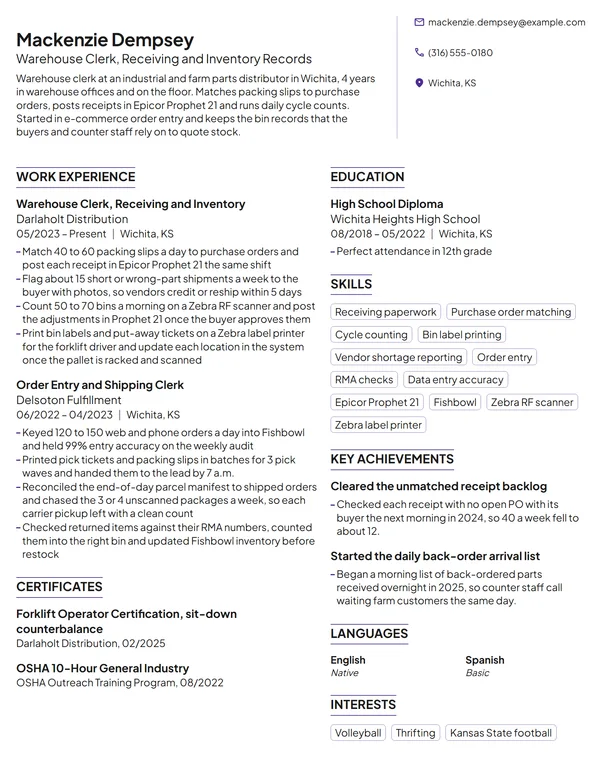 Warehouse Clerk resume example