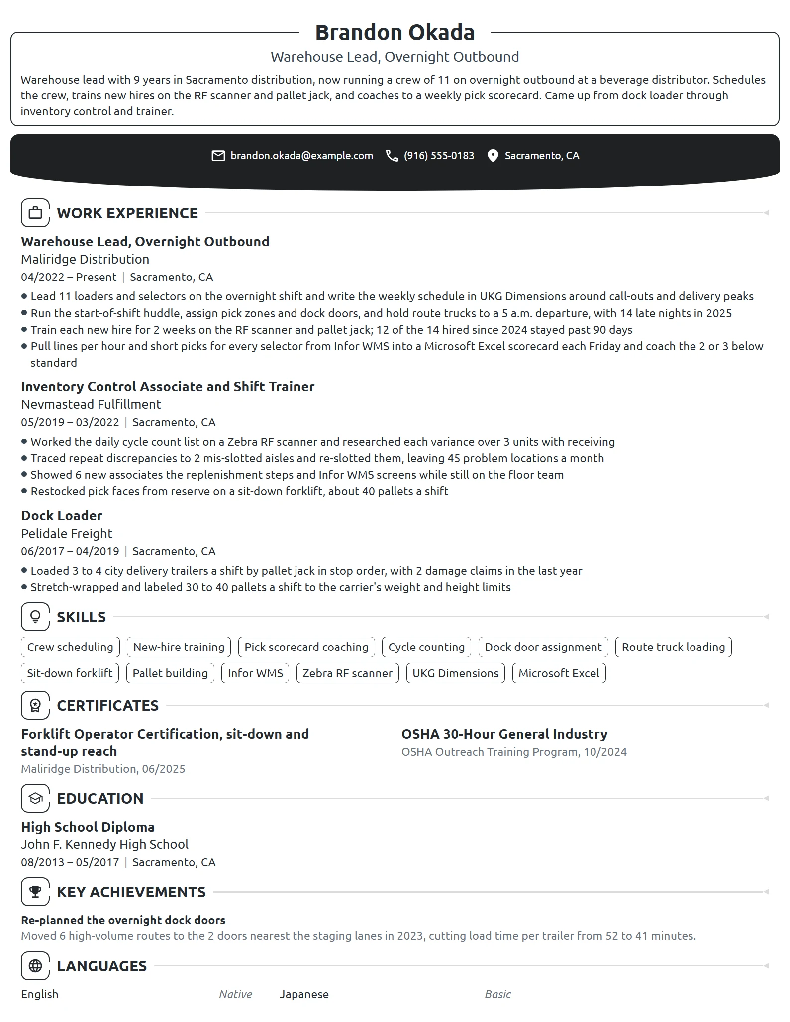 Warehouse Lead resume example