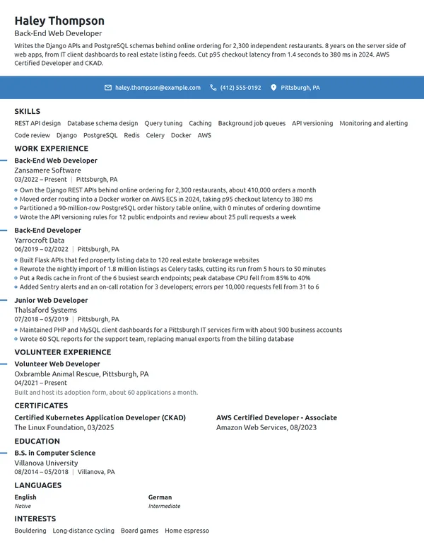 Back-End Web Developer resume example