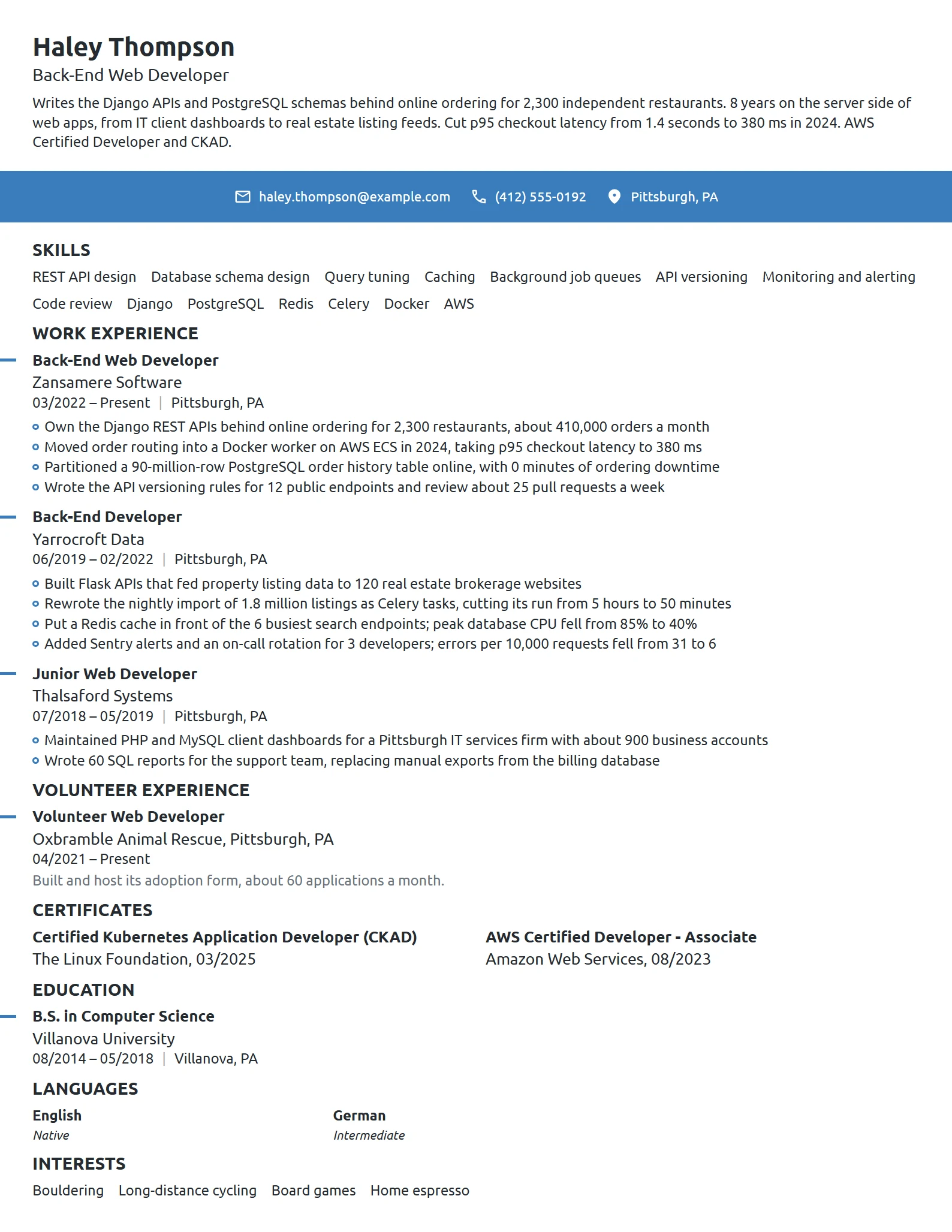 Back-End Web Developer resume example