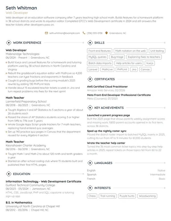 Career Change Web Developer resume example