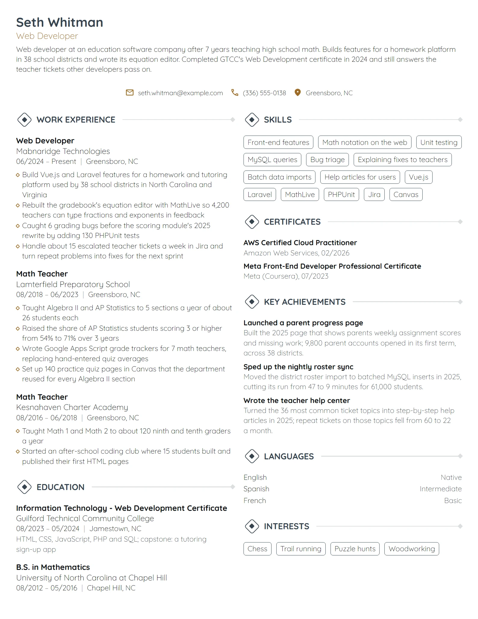 Career Change Web Developer resume example