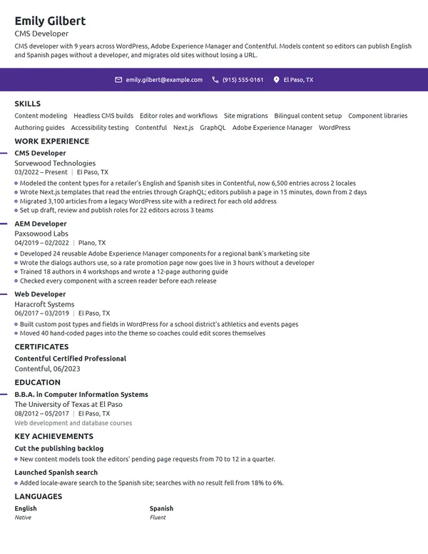 CMS Developer resume example