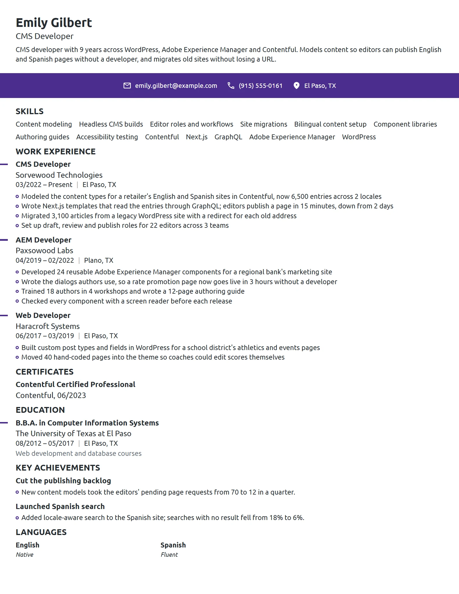 CMS Developer resume example