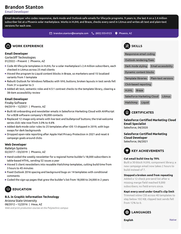 Email Developer resume example