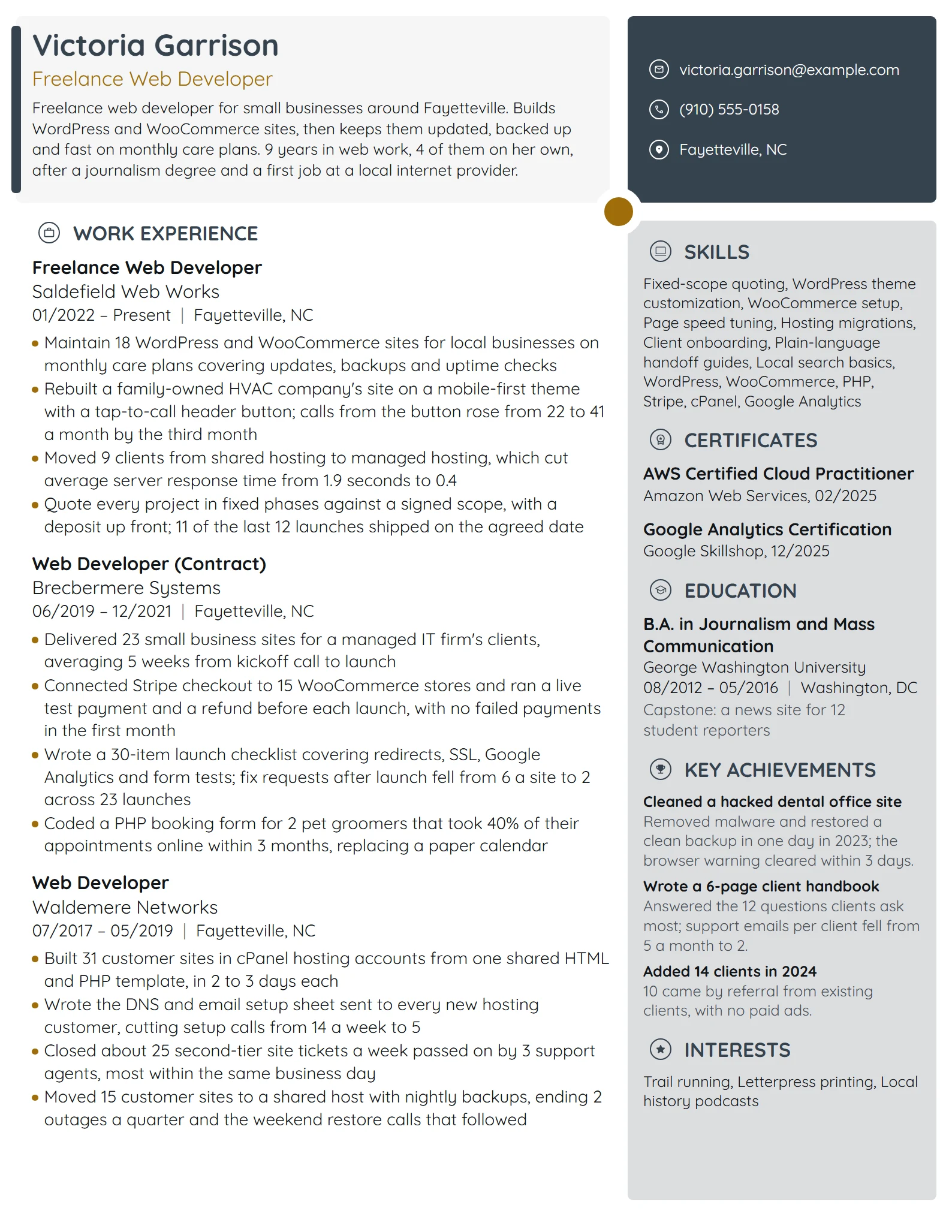 Freelance Web Developer resume example