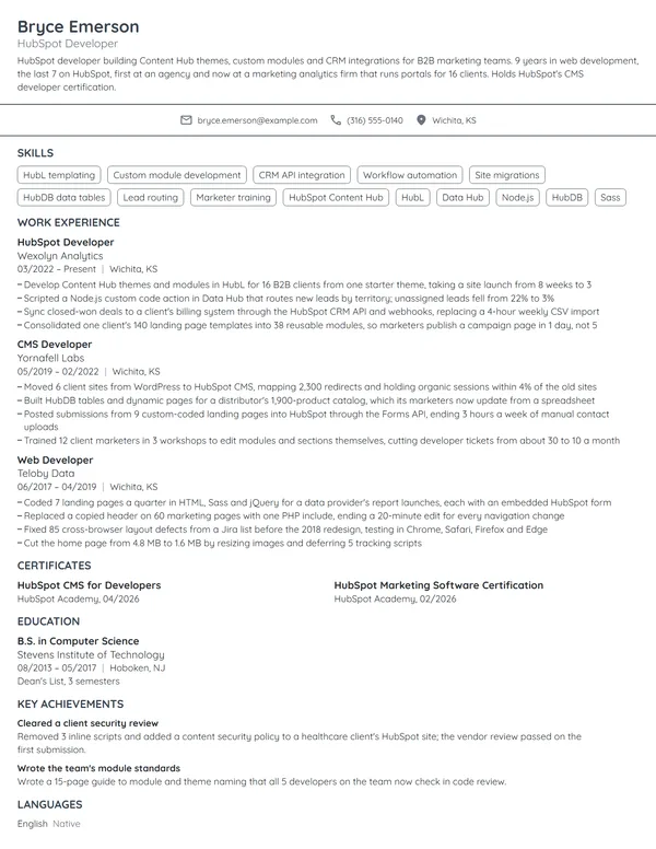 HubSpot Developer resume example