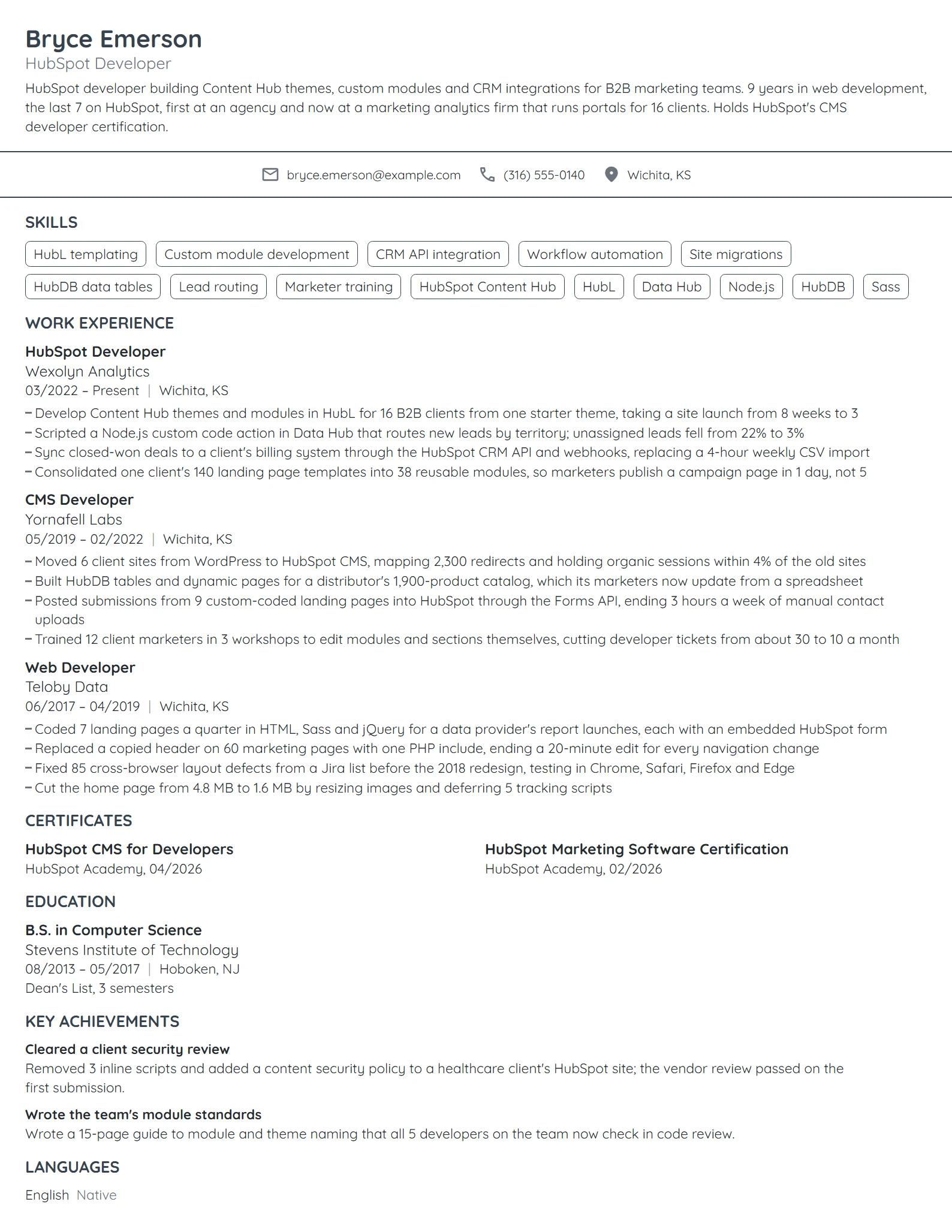 HubSpot Developer resume example