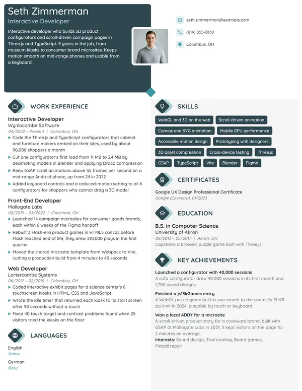 Interactive Developer resume example