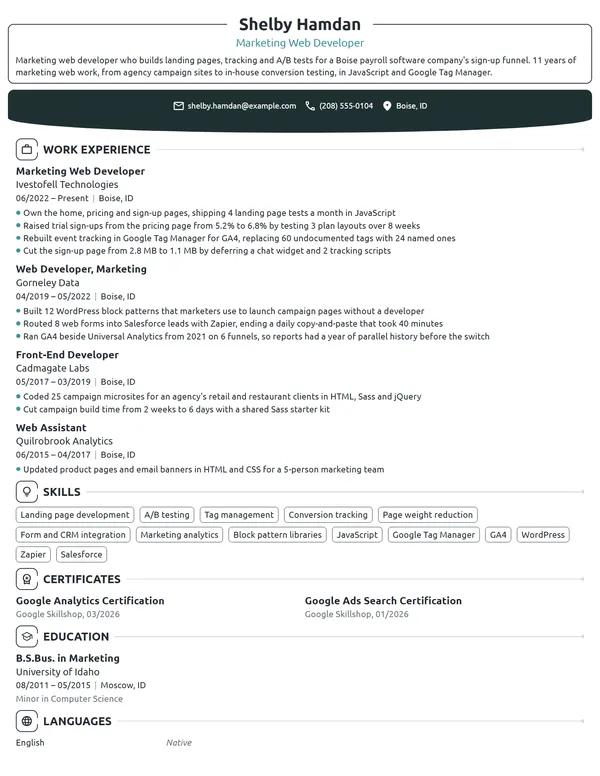 Marketing Web Developer resume example