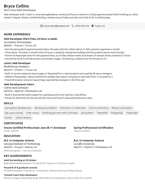 Part-Time Web Developer resume example