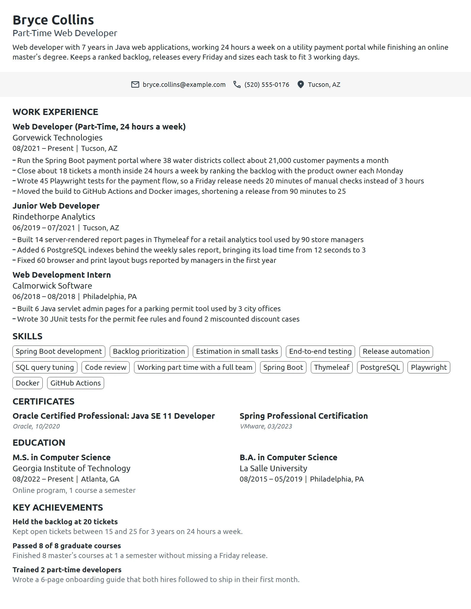 Part-Time Web Developer resume example