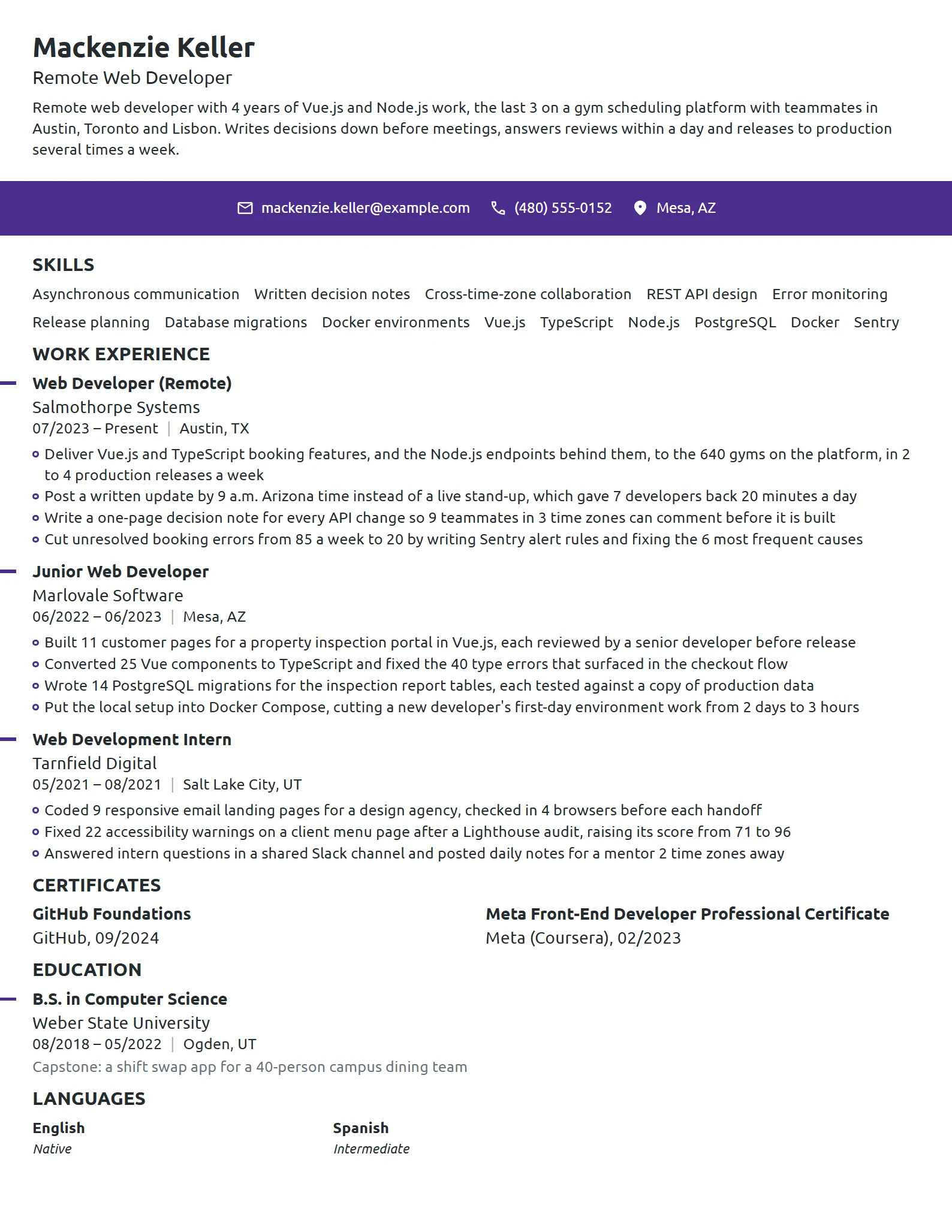 Remote Web Developer resume example