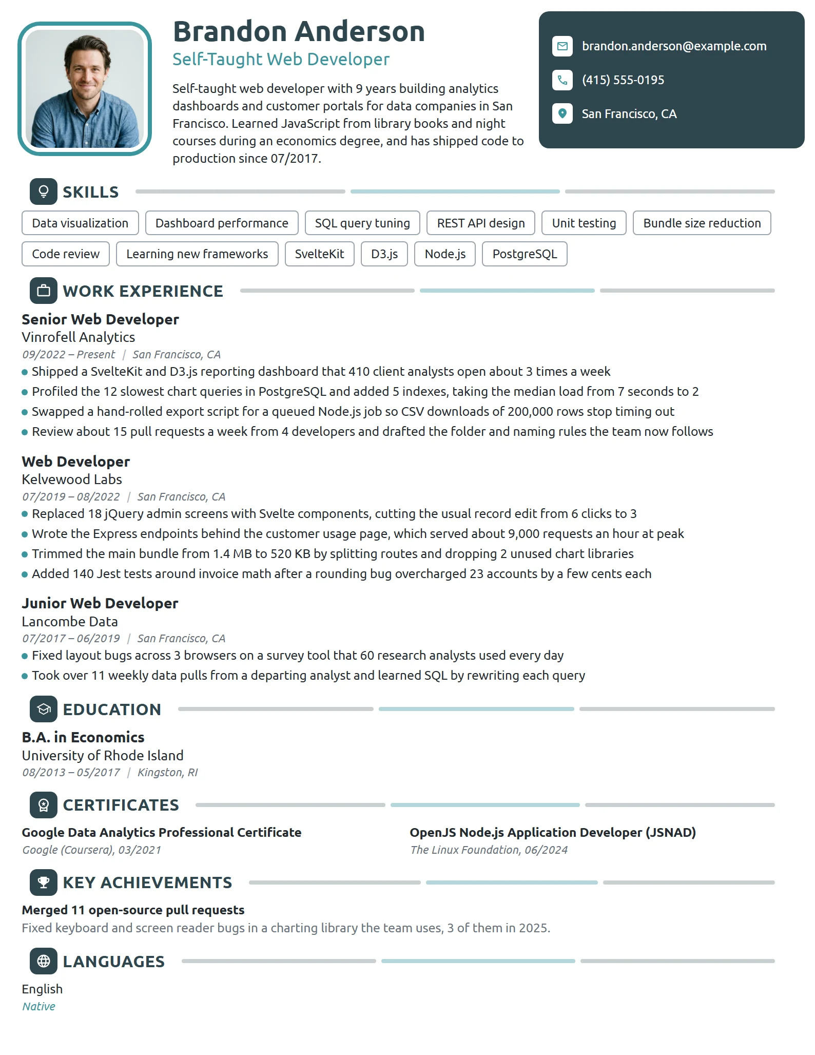 Self-Taught Web Developer resume example