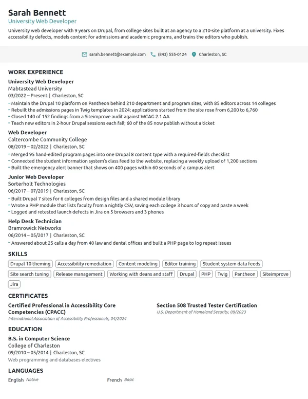 University Web Developer resume example