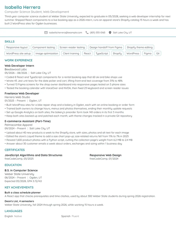Web Developer Intern resume example