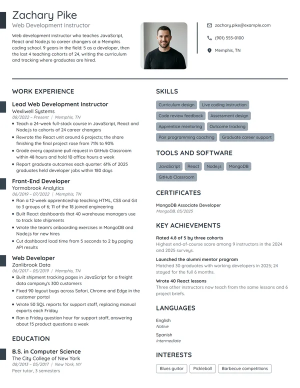Web Development Instructor resume example