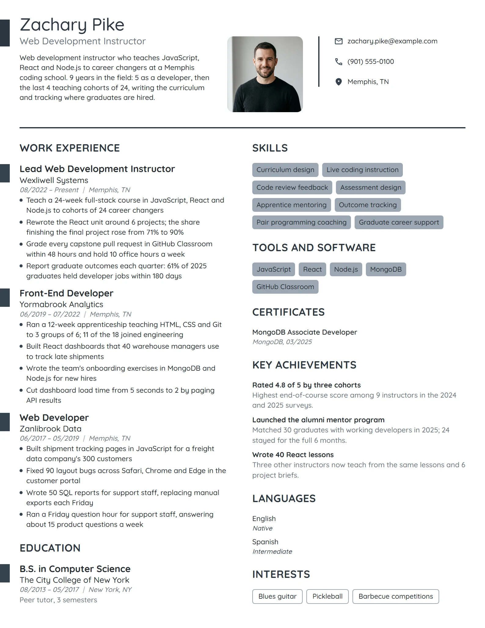 Web Development Instructor resume example