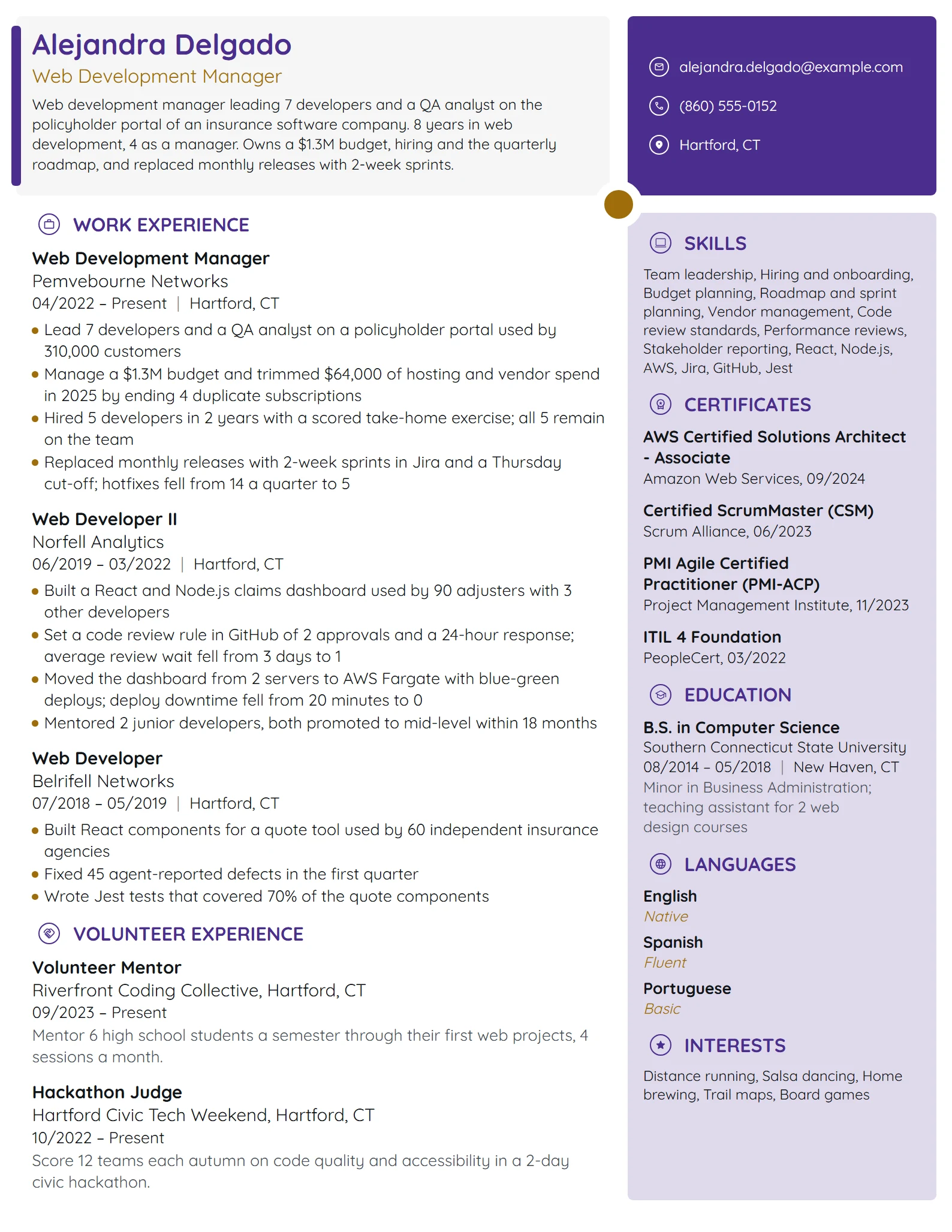 Web Development Manager resume example