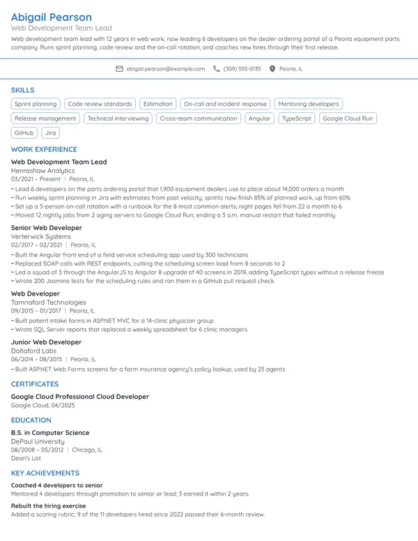 Web Development Team Lead resume example