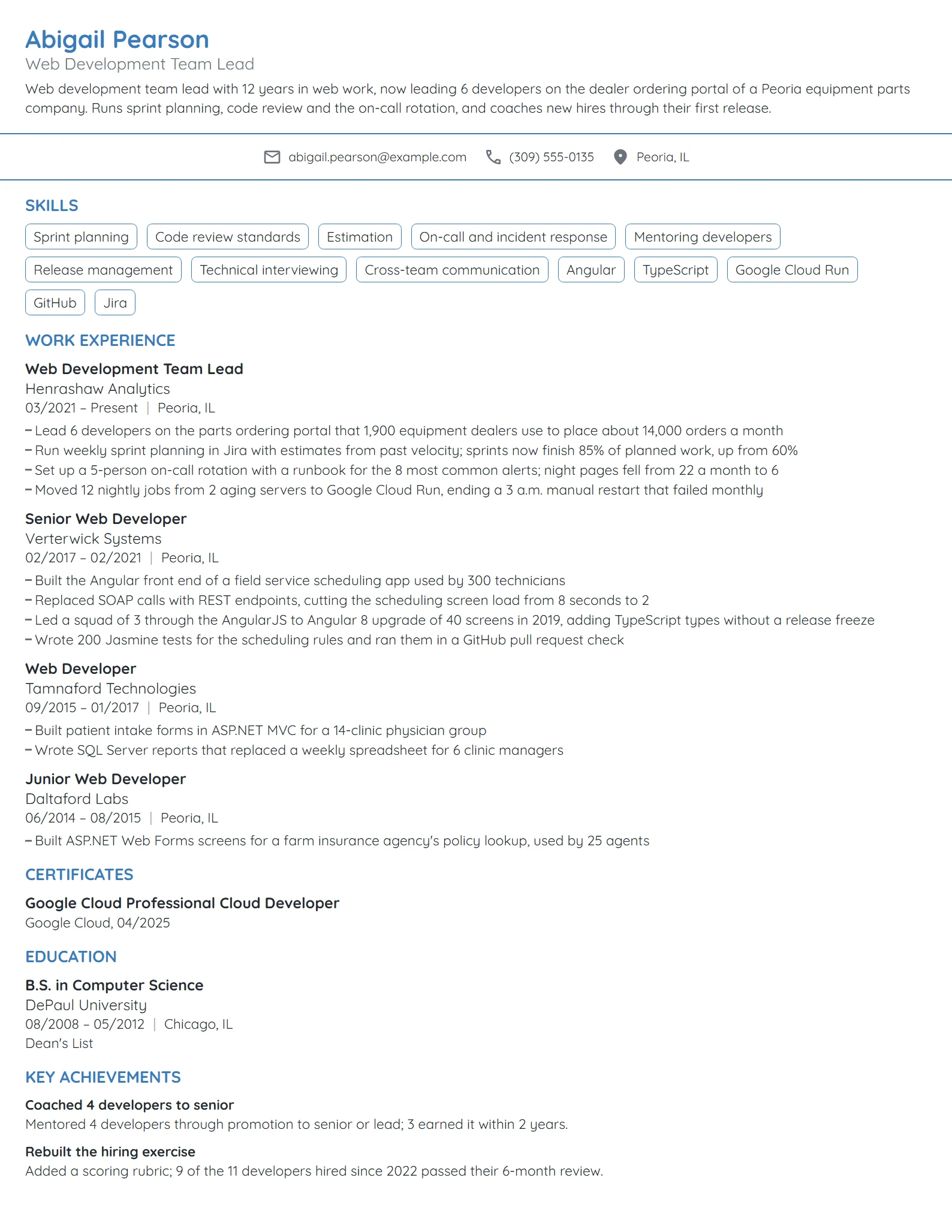 Web Development Team Lead resume example