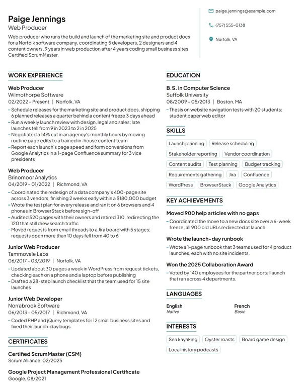 Web Producer resume example
