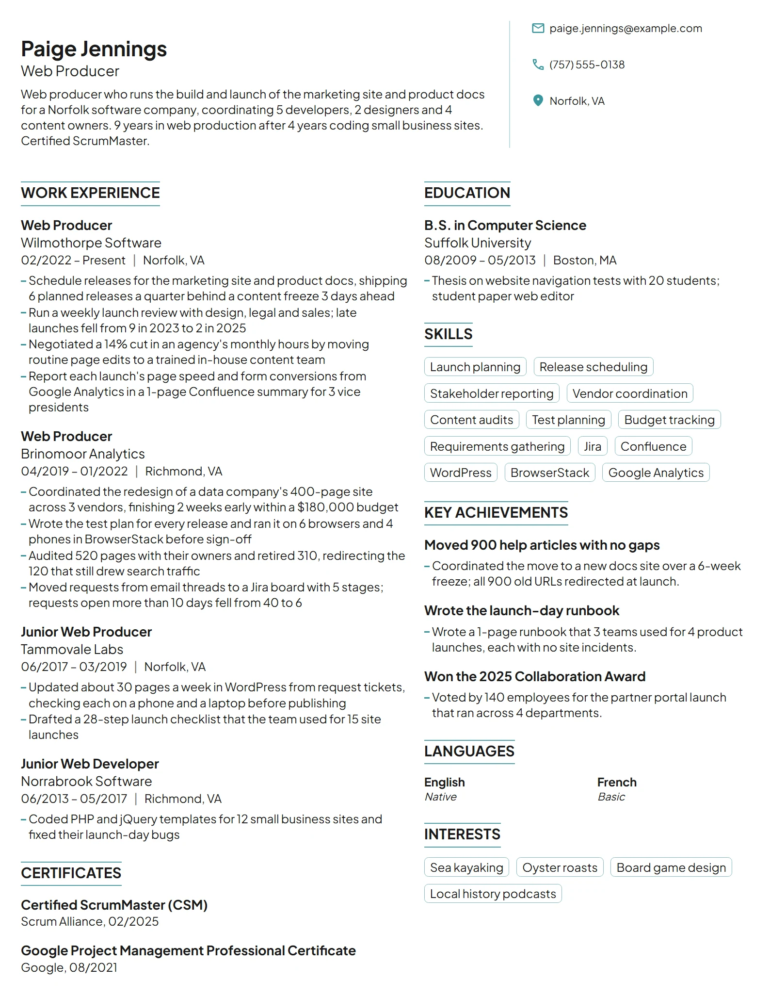 Web Producer resume example