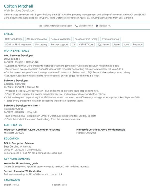 Web Services Developer resume example