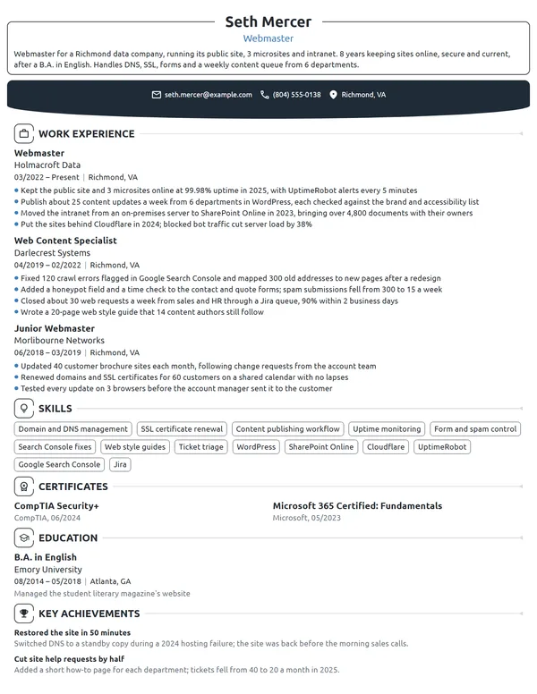 Webmaster resume example