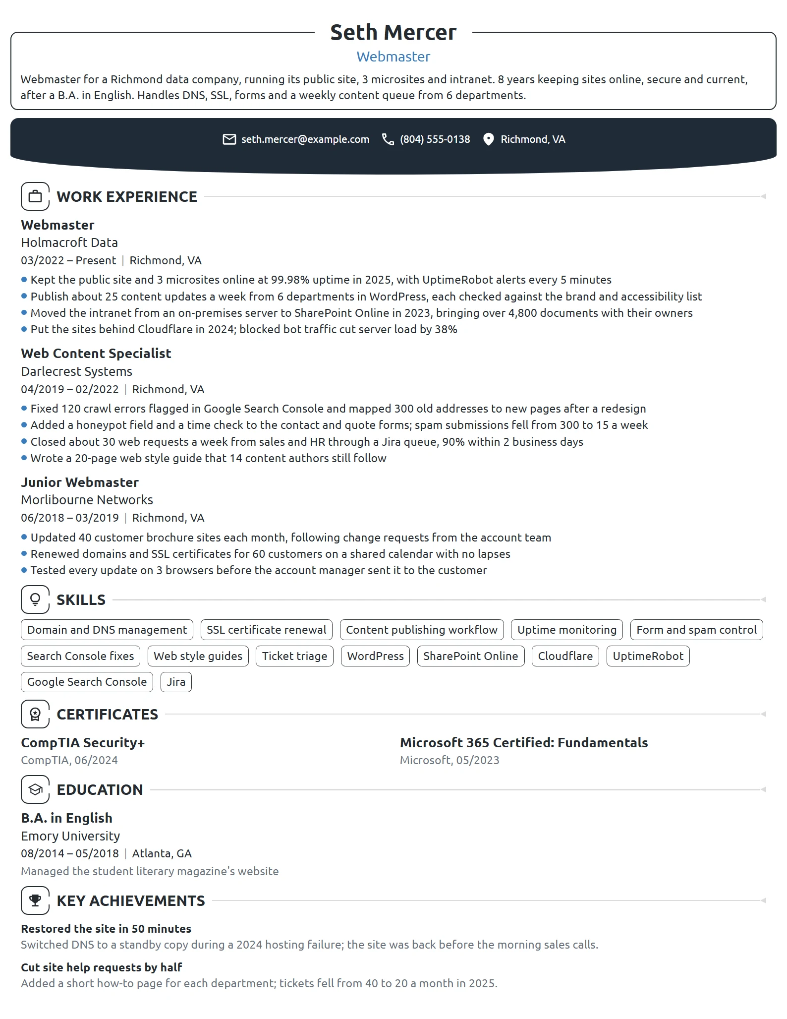 Webmaster resume example