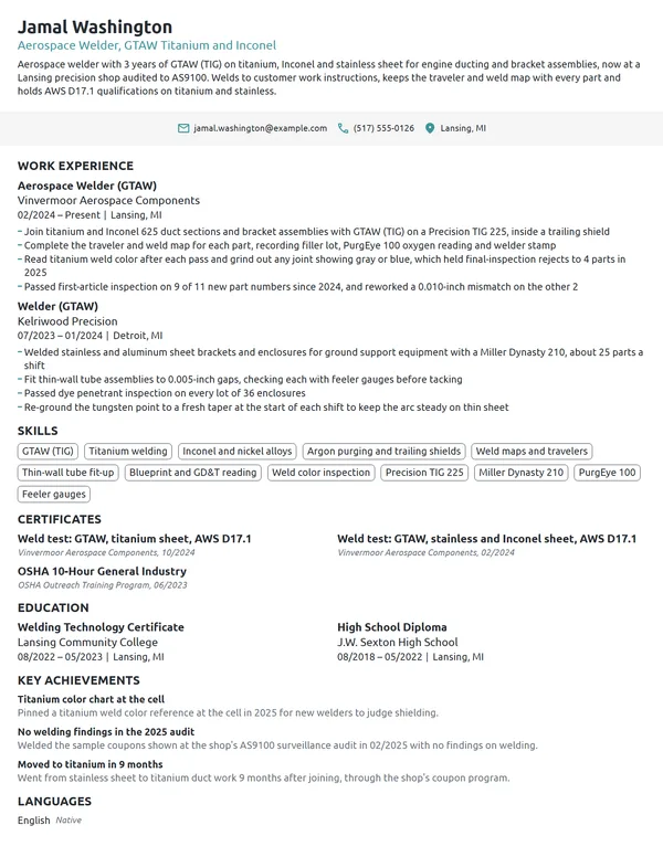 Aerospace Welder resume example